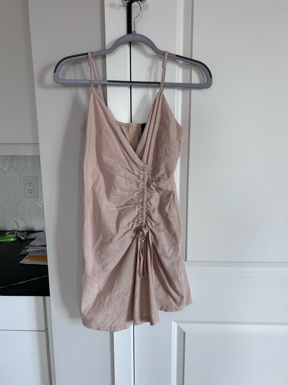 Workhall Tan Nude Ruched Front Mini Slip Dress Drawstring Adjustable Straps